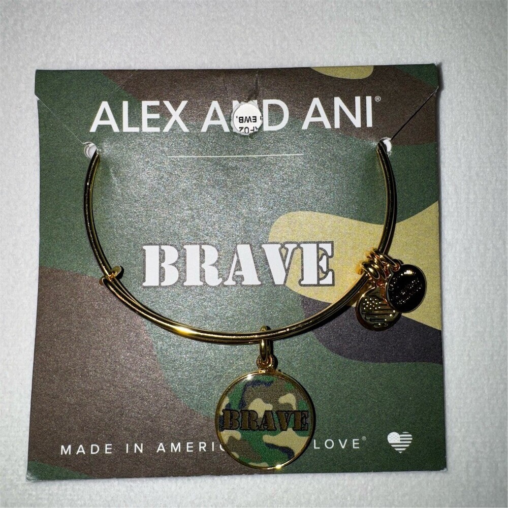 Alex and Ani BRAVE Bangle Bracelet Gold Tone‎ Expandable Round Camo Charm